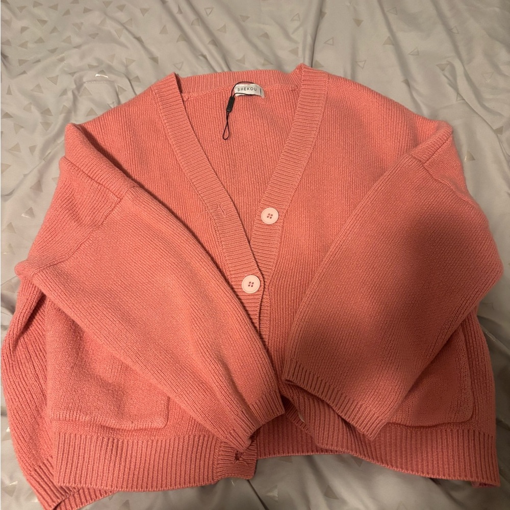 Pink Ribbed V-Neck Cardigan Sweater